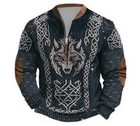 Generic Men's Sweater Outdoor Half Zip Sweatshirt Nordic Mythology Viking Tattoos Hoodie, Men's Gothic Medieval Vintage Plus Size Streetwear, Soft Warm Work Jumper, navy, L