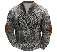 Generic Men's Sweater Outdoor Half Zip Sweatshirt Nordic Mythology Viking Tattoos Hoodie, Men's Gothic Medieval Vintage Plus Size Streetwear, Soft Warm Work Jumper, gray, S