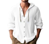 Generic Men's White Cotton Linen Hoodie, Medium, M, Long Sleeve, Solid, Hooded, Loose Fit, Summer, Casual, No Theme, 1 Count