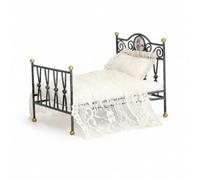 Generic Miniature Doll Bed with Wrought Metal Frame Decorative Scrollwork Headboard Mattress Pillow and Bedding Includes Classic Antique Style Suitable for, Black, Retro Iron Bed With Lace Bedding
