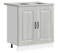 Generic Modern Kitchen Base Cabinet with Double Stainless Steel Sink 80cm Floor Standing Storage Cupboard with Adjustable Legs and Drainer White Engineered Wood (Grey Sonoma)