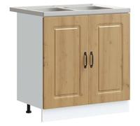 Generic Modern Kitchen Base Cabinet with Double Stainless Steel Sink 80cm Floor Standing Storage Cupboard with Adjustable Legs and Drainer White Engineered Wood (Artisan Oak)