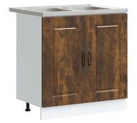 Generic Modern Kitchen Base Cabinet with Double Stainless Steel Sink 80cm Floor Standing Storage Cupboard with Adjustable Legs and Drainer White Engineered Wood (Smoked Oak)