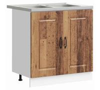Generic Modern Kitchen Base Cabinet with Double Stainless Steel Sink 80cm Floor Standing Storage Cupboard with Adjustable Legs and Drainer White Engineered Wood (Old Wood)
