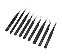 Generic Multipurpose Stainless Steel Tweezers Set with 9 Different Types, Antistatic Coating, Suitable for Process Welding and Embossing, Black Finish