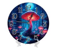 Generic Mushroom Battery Operated Wall Clock Moon Woodland Secret Forest Tree Night Scenic Fairy Tale Magic Light Blue PVC Non Ticking Decorative Living Room Bathroom Frameless Wall Clock 10x10 Inch