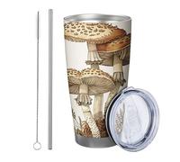 Generic Mushroom tumbler Pack Of 1 Farmhouse Plant Leaves Cottage Rustic Botanical Retro Designs beige green Powder Coated Can Coole Insulated Office Outdoor Club Dorm With Lid drinking cup 20 Ounce