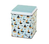Generic Nautical Tea Caddy - Sailing Boats - Square Airtight Storage Tin - Aqua/Turquoise/White - 100g - 9.5 x 7.5 x 7.5 cm