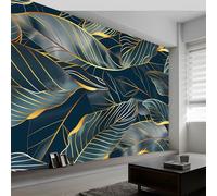 Generic Navy Blue Luxury Banana Leaf Stripes Wallpaper Mural, 400 x 280 cm (WxH), Tropical Stripe, 11.2 sq.m., Pre-Pasted, Effortless Installation, Durable, Suitable for Living Room, Bedroom, Office