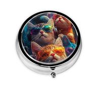 Generic Neon Cat Print Round Pill Box-3 Compartment Small Pill Case for Purse & Pocket Mini Metal Pill Holder Travel Pill Container