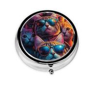 Generic Neon Cat Print Round Pill Box-3 Compartment Small Pill Case for Purse & Pocket Mini Metal Pill Holder Travel Pill Container
