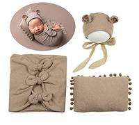 Generic Newborn Photography Wraps for Boy Girl Photoshoot Newborn Photography Props Outfits Baby Knit Wraps Posing Pillow Bear Hat Set
