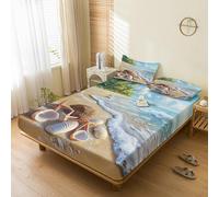 Generic Ocean Beach Fitted Sheet Double Bed, with 2 Pillowcases - Starfish Seashell Bed Sheets & Bedroom Decor & Gift, 30 cm Deep Pocket, Soft Brushed Microfiber Bedding - SWJ3020