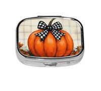 Generic Orange Plaid Pumpkin Print Square Pill Box-2 Compartment Small Pill Case for Purse & Pocket Mini Metal Pill Holder Travel Pill Container