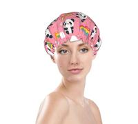 Generic Panda Rainbow And Cloud Print Shower Cap, Waterproof Reusable Bath Caps For Women Hair, Double Layers Elastic Shower Hat Hair Protection