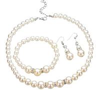Generic Pearl Necklace Set for Women - Elegant, Practical, Classic - 3pc (Necklace, Bracelet, Earrings) - 45cm Chain - 4.5cm Earrings - 18cm Bracelet - Pearl & Crystal Elegance Collection
