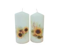 Generic Pillar unscented Wax Candle Set of Two Sunflower Flower Decoration Hand Decorated Relax Meditation Home Decor, GTIN-13 5061047103241