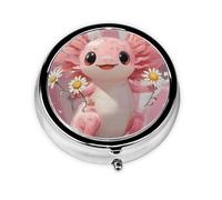 Generic Pink Axolotl Print Round Pill Box-3 Compartment Small Pill Case for Purse & Pocket Mini Metal Pill Holder Travel Pill Container