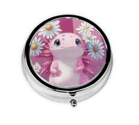 Generic Pink Axolotl Print Round Pill Box-3 Compartment Small Pill Case for Purse & Pocket Mini Metal Pill Holder Travel Pill Container