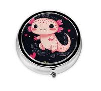 Generic Pink Axolotl Strawberry Print Round Pill Box-3 Compartment Small Pill Case for Purse & Pocket Mini Metal Pill Holder Travel Pill Container