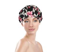 Generic Pink Cherry Bow Print Shower Cap, Waterproof Reusable Bath Caps For Women Hair, Double Layers Elastic Shower Hat Hair Protection