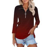 Generic Polo Shirts for Women UK 3/4 Sleeve Tops Zip Up Collared Office Ladies Athletic Golf Polo Striped Shirts Tunic Three Quarter Sleeve Petite Tops Work Blouse Floral Printed Dressy Casual Elegant