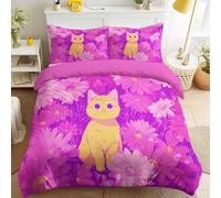 Generic Purple Yellow Queen Bedding Sets, Soft Microfiber Reversible Floral Cats Duvet Cover 102" x 87" with 2 Pillowcases Anime Fantasy Cozy Romantic Healing Quilt Cover for Girls’ Room
