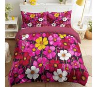 Generic Red Pink Single Bedding Sets, Soft Microfiber Reversible Flowers Duvet Cover 53" x 79" with 1 Pillowcases Modern Luxury Artistic Vibrant Elegant Quilt Cover for Kids & Adults