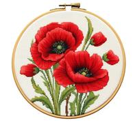Generic Red Poppy Flower 11CT Cross Stitch Kit for Beginners, Easy to Stitch, Includes Hoop, 12x12IN(3), All Seasons, Unisex, Adult