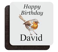 Generic Robin Birthday Coaster Gift, Personalised Name Bird Art 9cm Wood Coffee Drinks Mat (Custom Name), COAST100