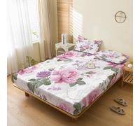 Generic Rose Floral Fitted Sheet Small Double, with 2 Pillowcases - Pink Flower Bed Sheets & Bedroom Decor & Gift, 30 cm Deep Pocket, Soft Brushed Microfiber Bedding - SWJ5322