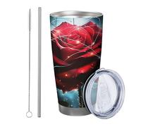 Generic Rose tumbler Set Of 1 Aesthetic Artistic Designs Botanical Floral Leaves light red green Stainless Can Cooler Shatterproof Outdoor Travel Pool library dorm With Lid drinking cup 20 Ounce