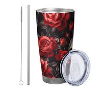 Generic Rose with lid tumbler Set Of 1 Funny Floral Plant Cranium Skull Retro Romance Aesthetic red gray green Insulated Can Cooler Shatterproof Car Pool Travel Office Double Wall Stemless 20 Ounce