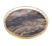 Generic Round Marble Pattern Serving Tray Large Wooden Storage Tray Gold Frame for Kitchen Counter Tea and Fruit Holder Household Dining Table Organizer