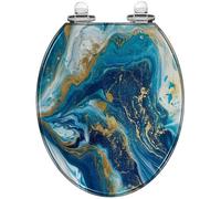 Generic Round Resin Toilet Seat with Cover for Bathroom | Marbled blue golden abstract liquid marble pattern, quietly close hinges, quick release hinges, easy to install, style 4