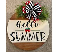 Generic Round Vintage Tin Sign Hello Summer Summer Door Hanger Summer Wreath Summer Strawberry Door Decoration Round Tin Sign with Wreath 6x6inch