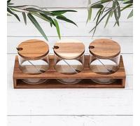 Generic Rustic Minimalist 3 Glass Tea Coffee Sugar Storage Jars Metal Spoons Wooden Holder Stand Set