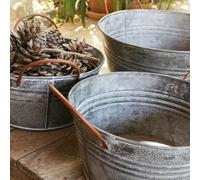 Generic Rustic Zinc Planter Bowl with Handles - Round, Patterned or Ribbed, Rustic Grey, Small, Indoor/Outdoor, 18 x 18 x 9 cm