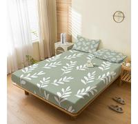 Generic Sage Green Leaf Fitted Sheet Double Bed, with 2 Pillowcases - Leaves Bed Sheets & Bedroom Decor & Gift, 30 cm Deep Pocket, Soft Brushed Microfiber Bedding - SWJ3009
