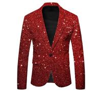 Generic Sequin Blazer Men's Gold Glitter Blazer Carnival Costume Men's Stretch Jacket for Wedding Party Performance Costume Sporty Nightclub Host Emcee Suit Jacket, S red, L