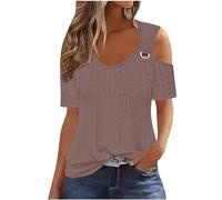 generic Sexy Cold Shoulder Tops for Women UK Casual Ladies Eyelet Tops Trendy Solid Basic Womens Tops Blouses Workout Vacation Tunic Blouses Short Sleeve Cotton Tshirts