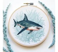 Generic Shark Round Shape Stamped Cross Stitch Kit for Beginners Easy with Hoop 11CT Needlepoint Embroidery DIY Counted Cross Stitch Art Craft Wall Decoration 27x27cm (1)
