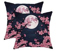 Generic Spring Pillow Covers with Zipper Moon Night Cherry Blossom Japanese Pretty Scenery Pink and Black Velvet Soft Comfortable Washable Room Couch Indoor Pillow Covers Pack of 2 18x18 Inch