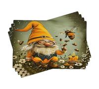 Generic Spring Placemats Gnome Cute Bee Floral Daisy Cottagecore Country Orange Green Linen Waterproof Heat Resistant Hard Table Camping Home Kitchen Patio Set of 4 Rectangle Placemats 12x18 Inch