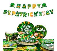 Generic St. Patrick's Day Tableware Set - Serves 20, Includes Banner, Tablecloth, Paper Plates, Napkins, Paper Cups - Green, Geometric, Checkered Pattern