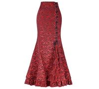 Generic Steampunk Midi Skirt Victorian Renaissance Medieval Costume High-Low Ruffle Lace Up Asymmetrical Halloween Party Outfit (53# Wine Red, L), Large