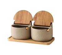 Generic Storage Jar - Double Ceramic Salt Box Container for Countertop Storage Kitchen Salt Portable Holder with Removable Wooden Spoon Top | Double Ceramic Container for