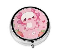 Generic Strawberry Axolotl Print Round Pill Box-3 Compartment Small Pill Case for Purse & Pocket Mini Metal Pill Holder Travel Pill Container