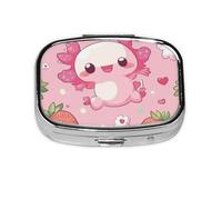 Generic Strawberry Axolotl Print Square Pill Box-2 Compartment for Purse & Pocket Mini Metal Pill Holder Travel Pill Container