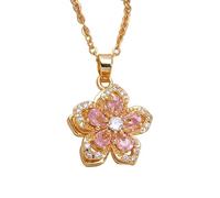 Generic Stress-Relieving Rotating Five-Petal Flower Pendant Necklace, Copper 18K Gold Plated, CZ Stone, Pink